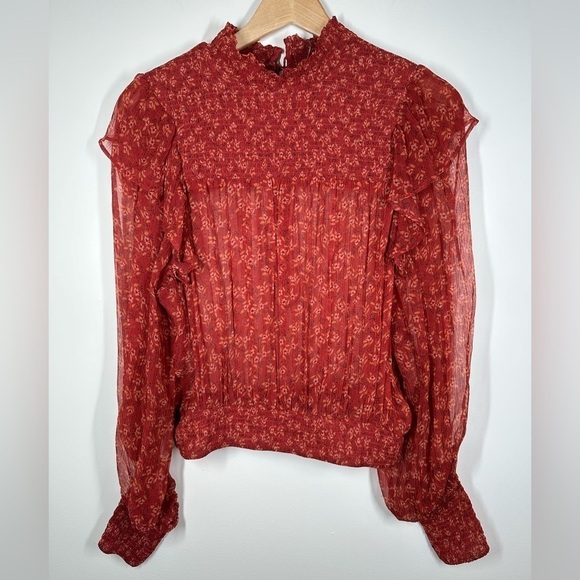 FREE People Roma Floral Chiffon Smocked Puff-Sleeve Blouse XS - Picture 3 of 8